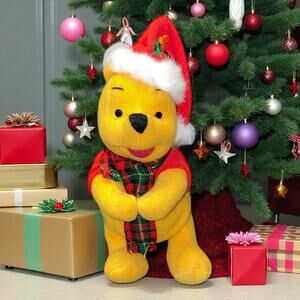 Vintage Disney Mattel Plush Winnie Pooh Santa Hat Christmas Scarf Nursery 8”